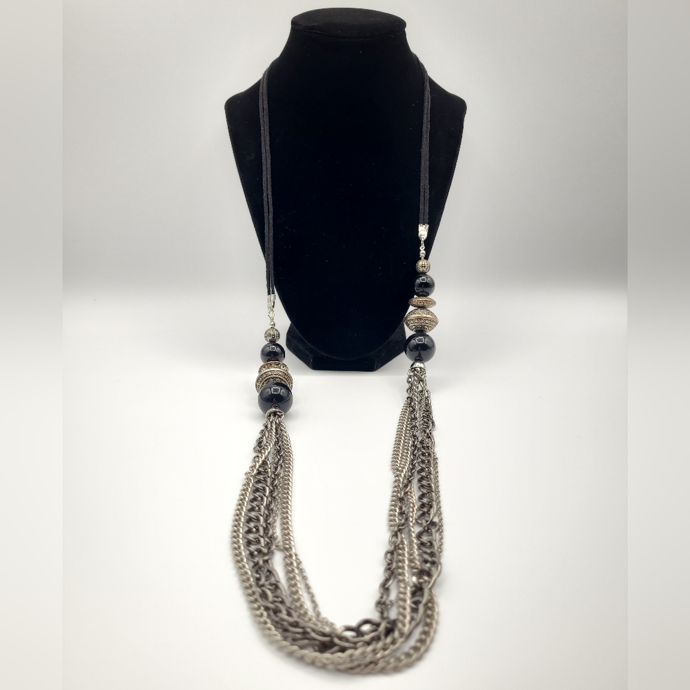 Vintage Multi Strand Chain Tassel Necklace Black Bead Silver Tone Statement